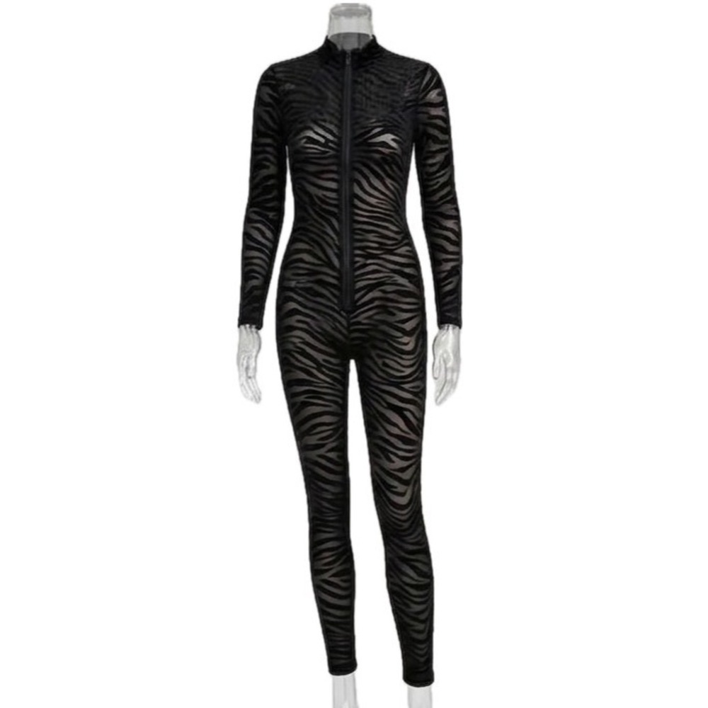 Dolls Kill Black Mesh Burnout Velvet Zebra Catsuit Jumpsuit Sheer Festival Small